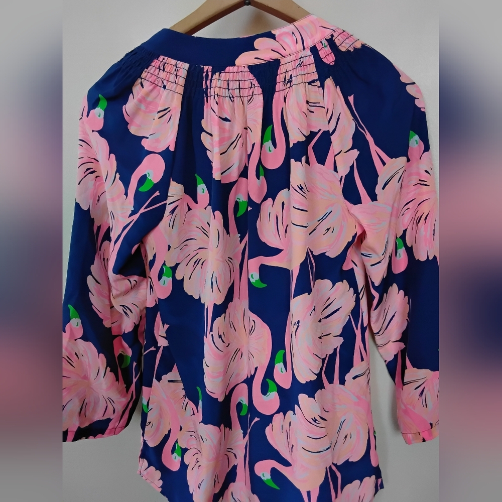 Lilly Pulitzer Flamingo-Print Navy and Pink Women's Blouse - Picture 5 of 5